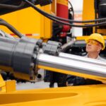 Mechanic checking hydraulic hoses on an excavator